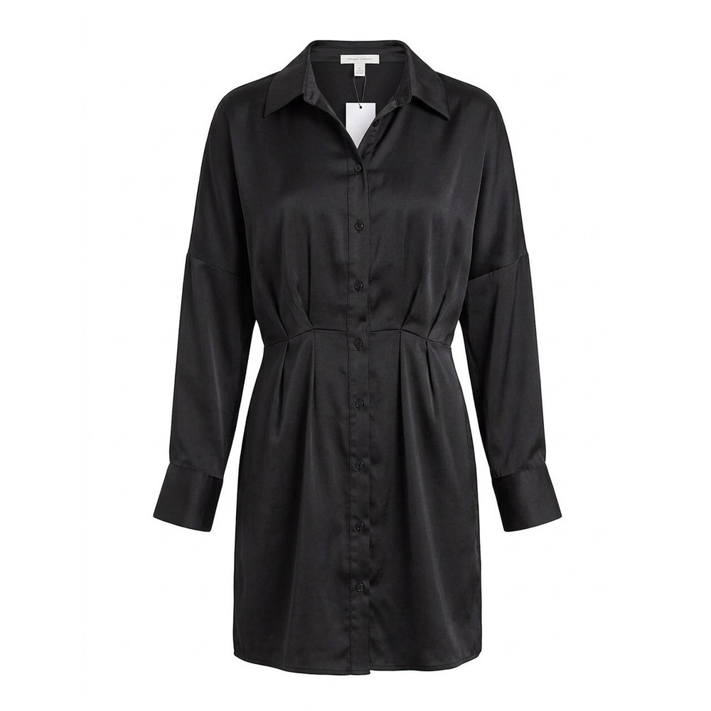 H&M Black Satin Long Sleeve Button Down Mini Shirt‎ Dress Elastic Waist Size M